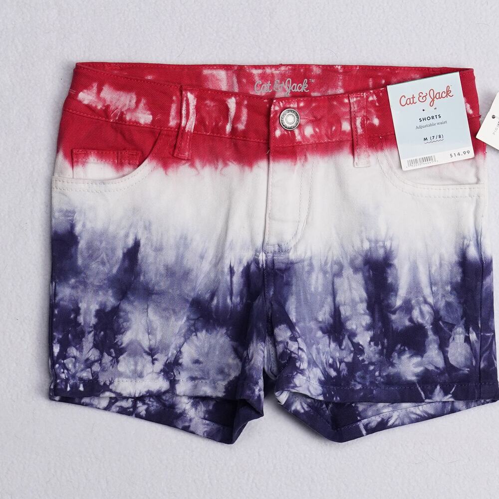 Cat & Jack Girls Shorts Red White Blue Tie Dye Adjustable Waist Size M 7/8 New
